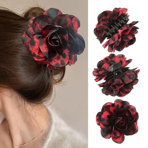 Pinza de pelo de flor de tela para mujer, pasadores de garra de rosa roja, horquilla, accesorios para el cabello