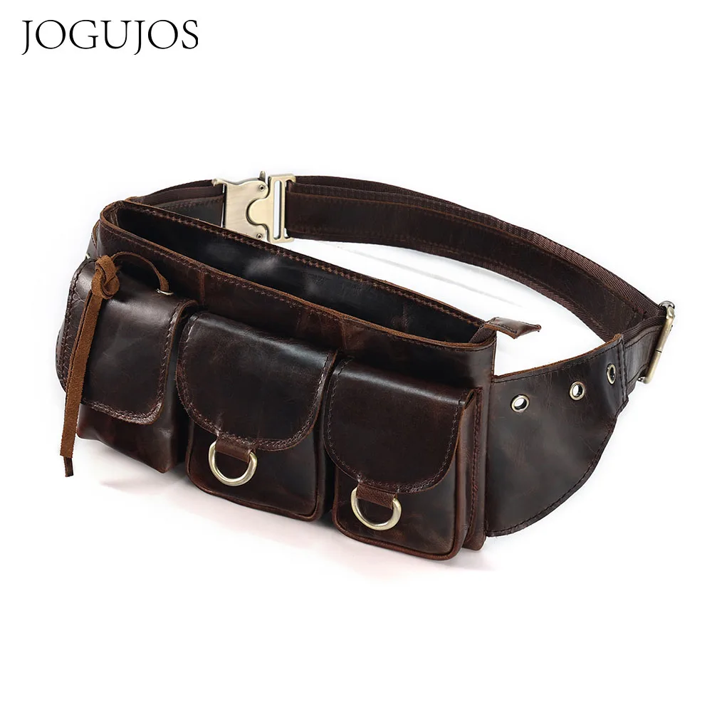 JOGUJOS Genuine Cowhide Leather Male Belt Bag Designer Vintage Waist Bags for Men Travel Chest Packs Multifunction Fanny Pack