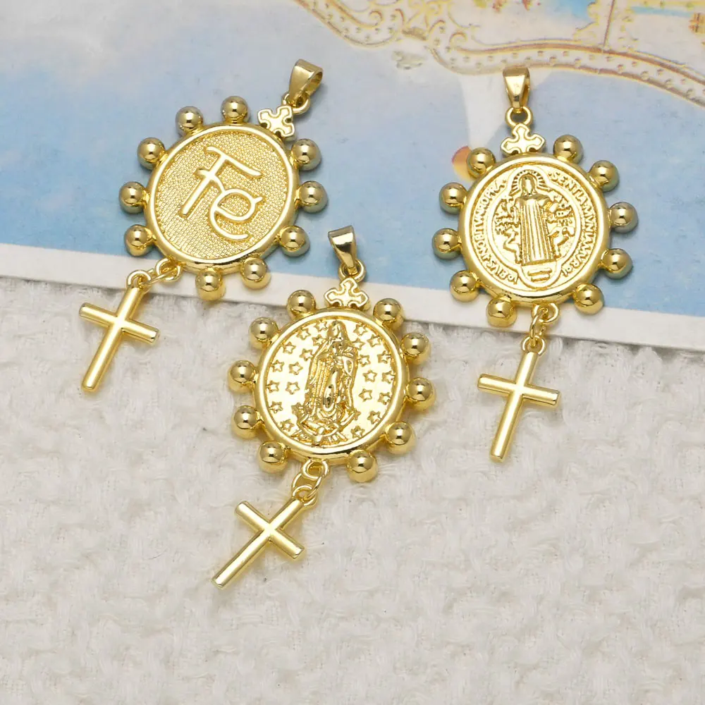 OCESRIO Crystal Virgin of Guadalupe Gold Plated Copper San Benito Cross Pendant for Necklace Jewelry Making Supplies DIY pdtc014