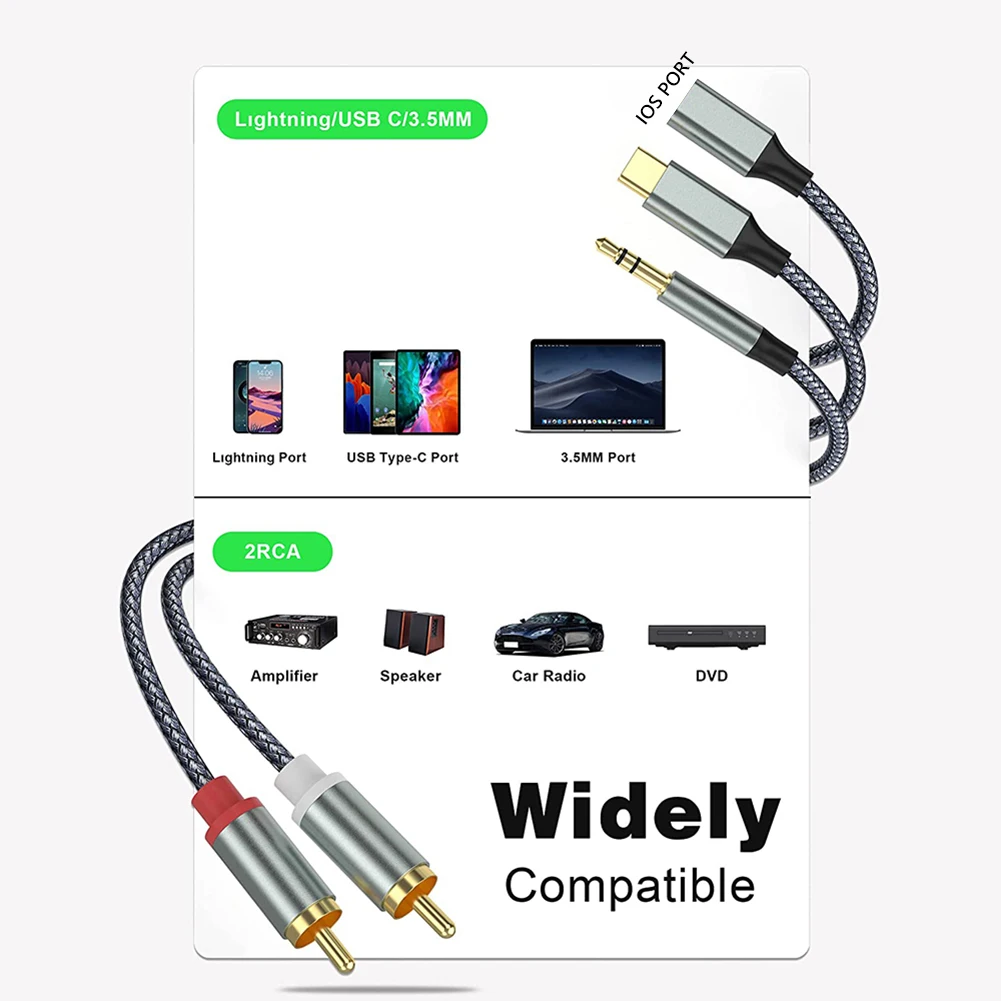 1/2/3m USB C To Dual RCA Adapter Cable Y Splitter Type-C/for Lightings/3.5mm Male To 2RCA Cable Speaker Home Theater TV