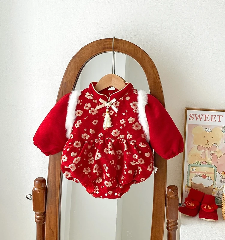 

Thiened Red Baby Clothes Winter Outfit New Year Visit Clothes for Baby Girls Winter Sle Rer Cotton Material