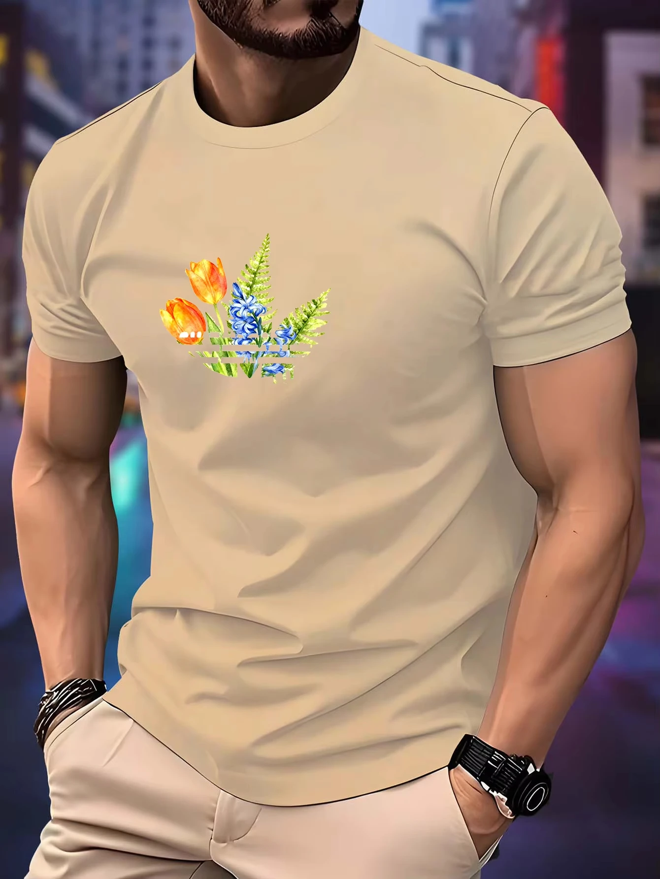 2026 New round Neck Running T-shirt Men Summer Thin Top leaf print Quick Dry Short Sleeve Breathable Fitness Sports T-shirt Wear
