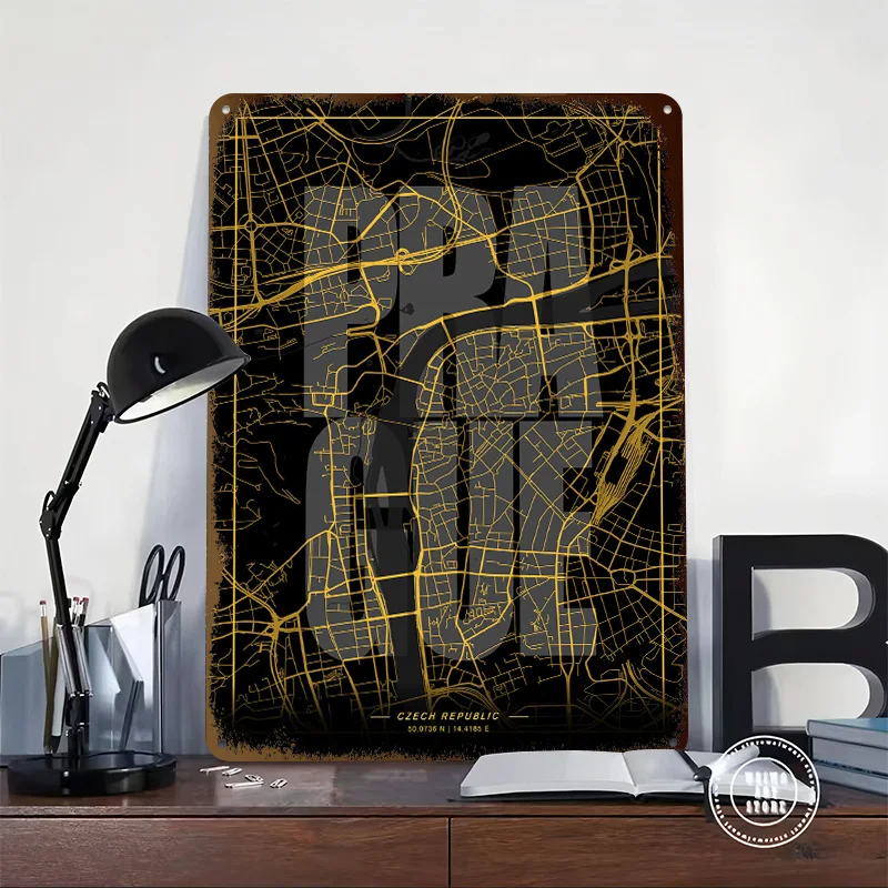 Prague City Map Art Personalized 3D Textured Metal Poster Wall Art Vintage Tin Signs for Room Decorations Home Decor Ornaments
