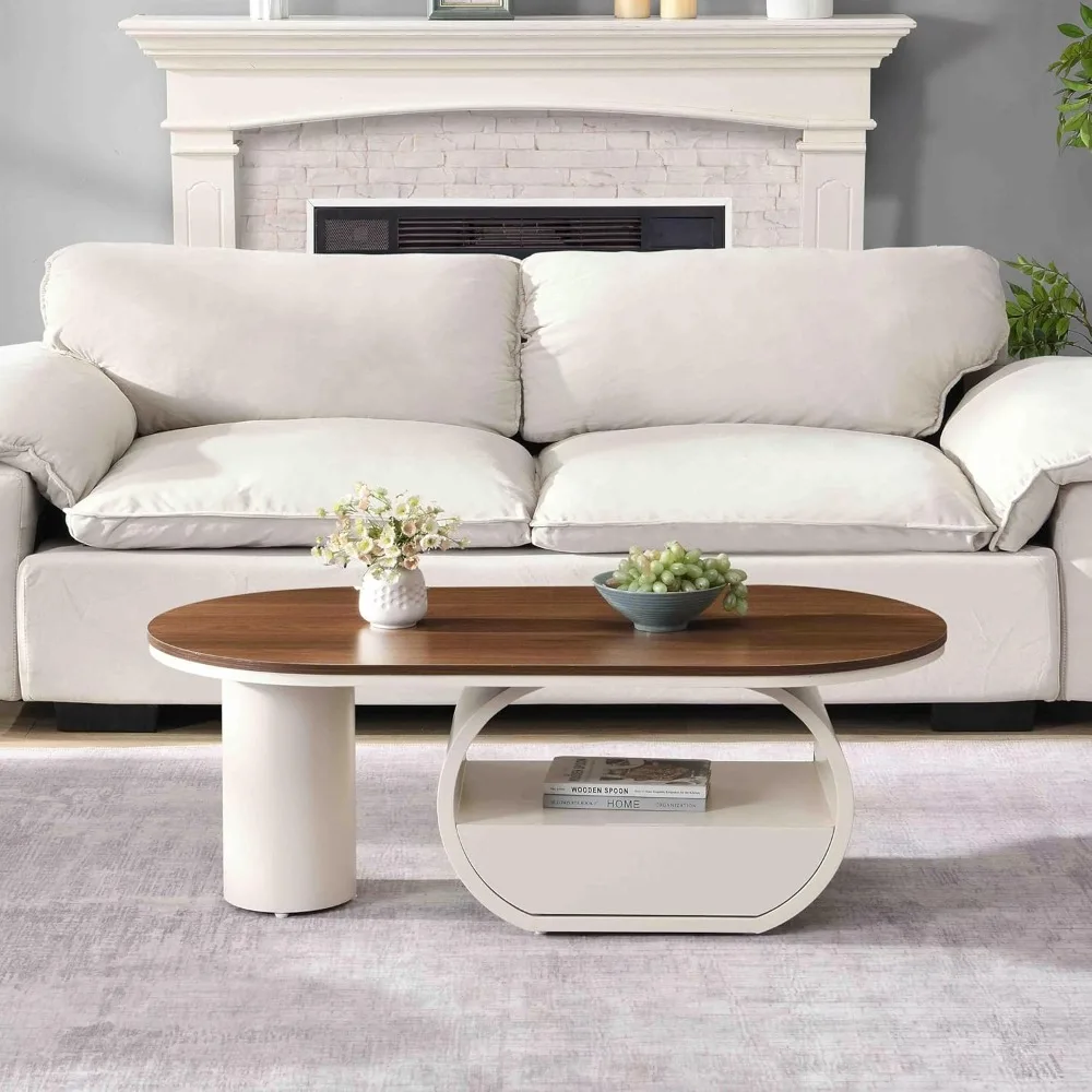 47.24'' Modern Coffee Table, Luxury Oval Coffee Table with Storage Drawer and Shelf, Metal Center Table for Living Room