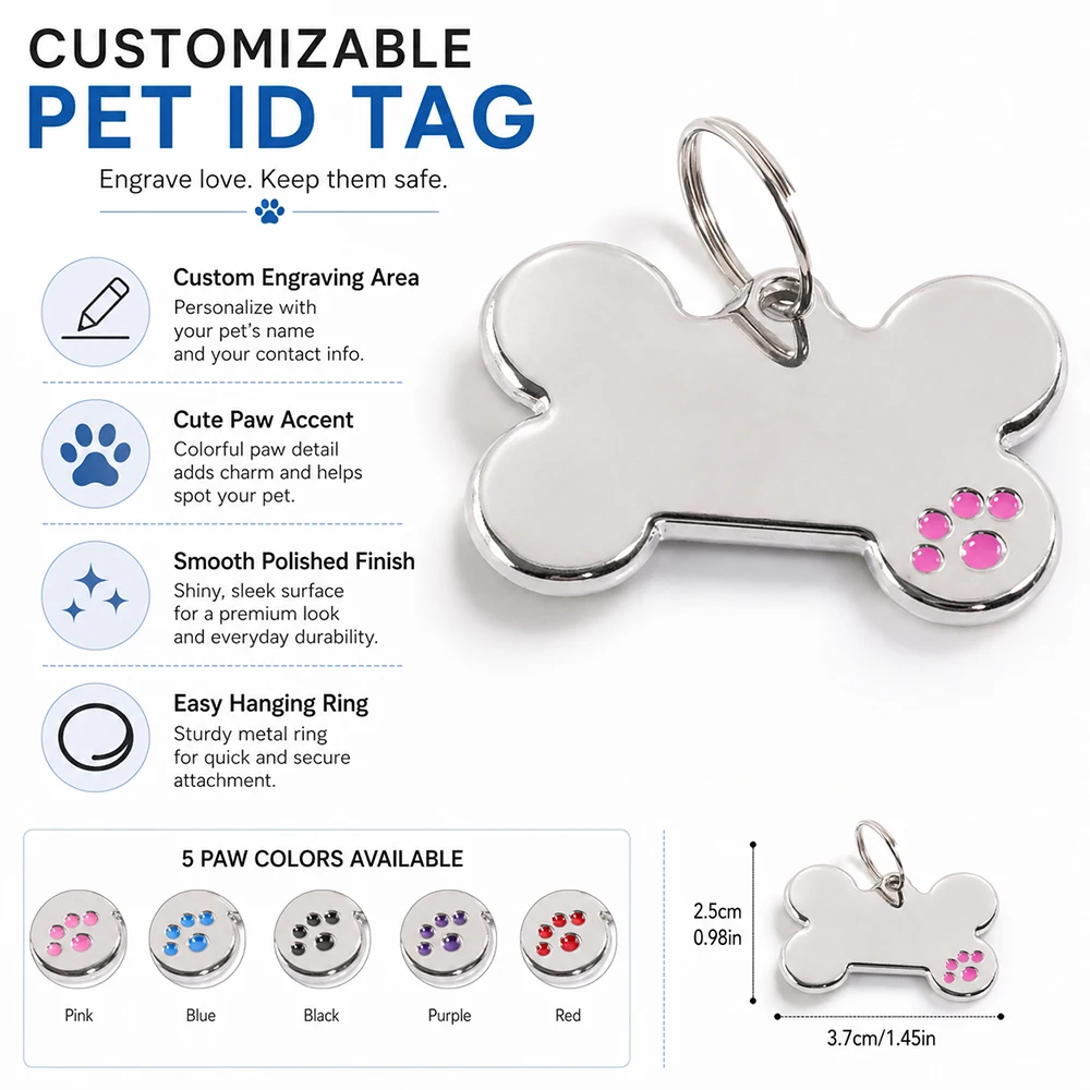 Custom Text Dog Tag Bone Shaped Personalized Name Pets ID Tag Claw Laser Engraving Number Anti-lost Customized Text Dog Tags