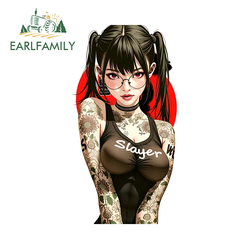 

EARLFAMILY Japanese Girl Peek Car Stickers Flower Tattoo Vinyl Car Accessories Decal Trunk Guitar Laptop Motorcycle Caravan