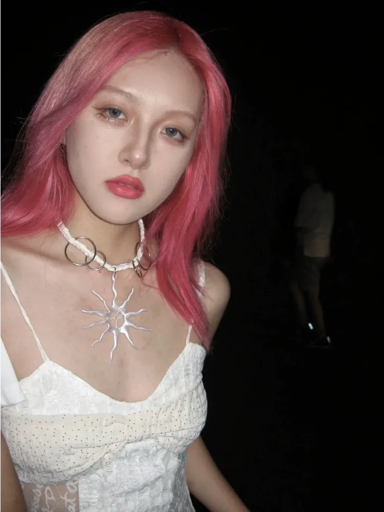HUANZHI White Sun Pendant Necklace Silver Color Circle Cotton Twine Choker Fashion Personality Punk Jewelry for Women Men Unisex