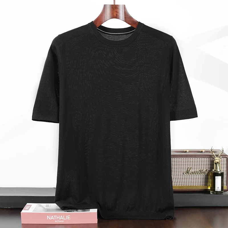 100% Fine-Spun Pure Wool Men'S Short-Sleeve Spring and Summer Machine Washable Round-Neck T-Shirt Thin Half-Sleeve Knit Top