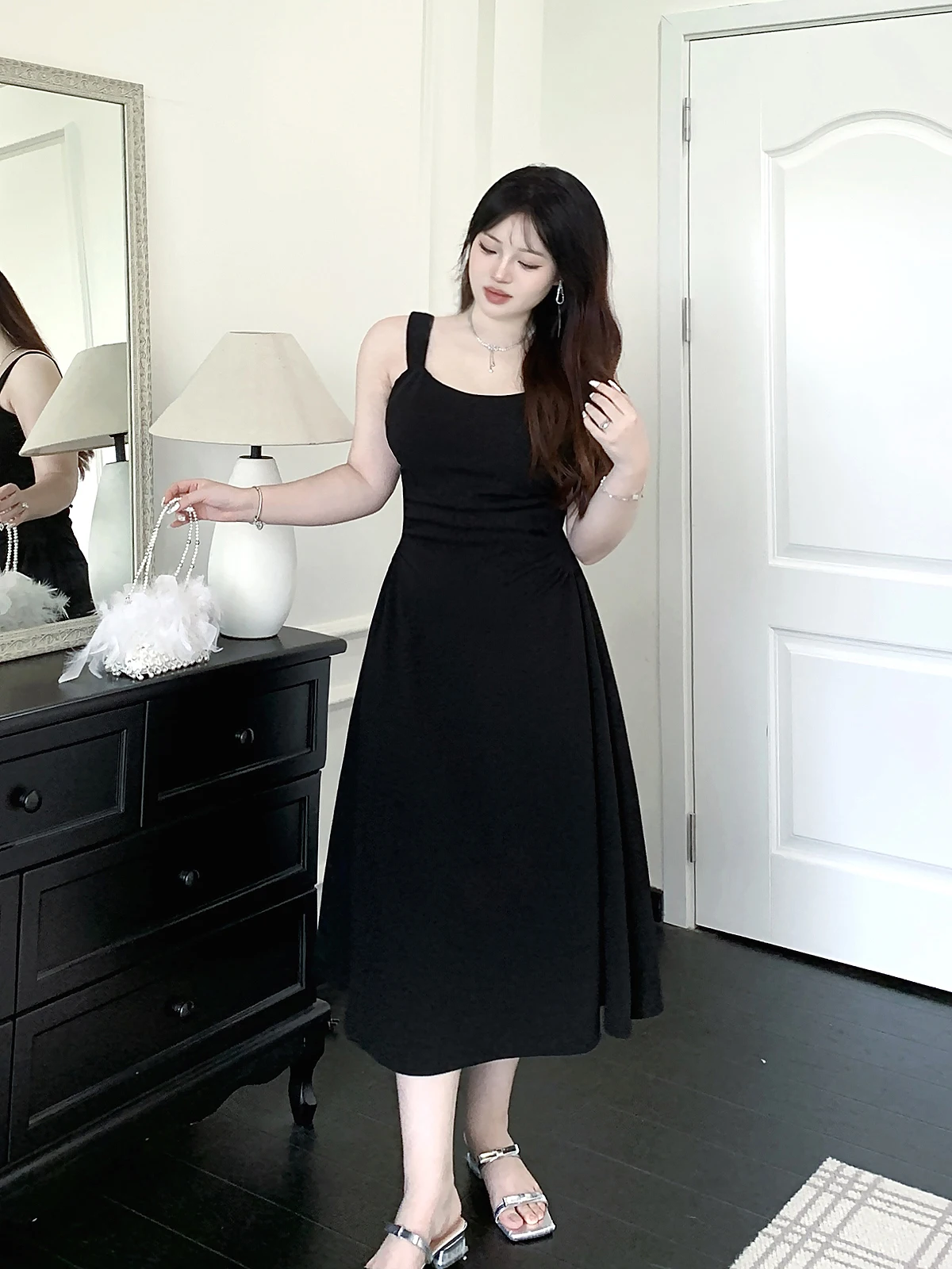 

Женское длинное платье Bla Strapl больших размеров с квадратным вырезом и приталенной талией для полных женщин, летнее, в стиле ретро