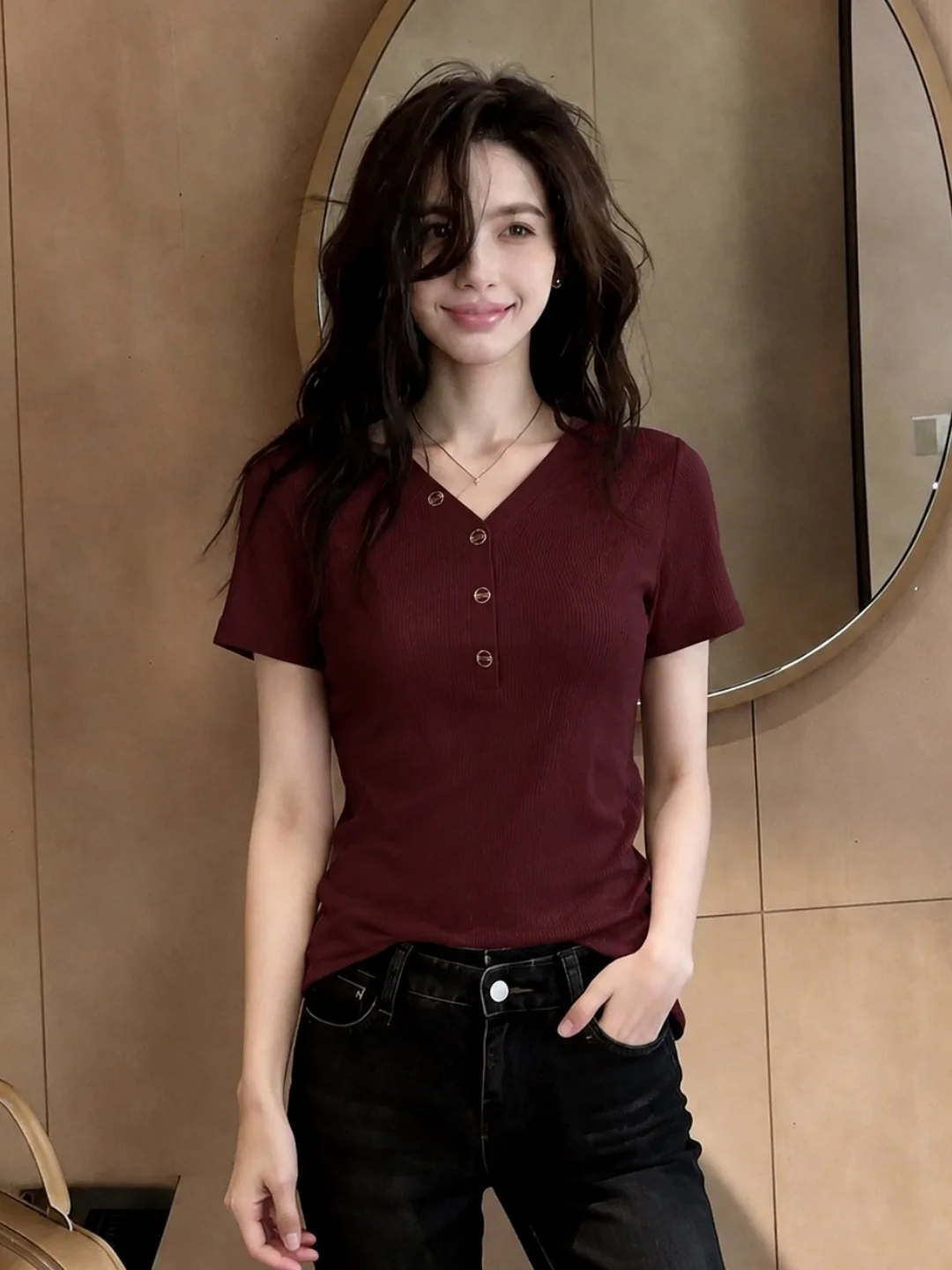 

Slim Fit Color Short Sleeve V-Neck T-Shirt Korean Style Commute Pure Design Summer 2026 Women's Fashion Top