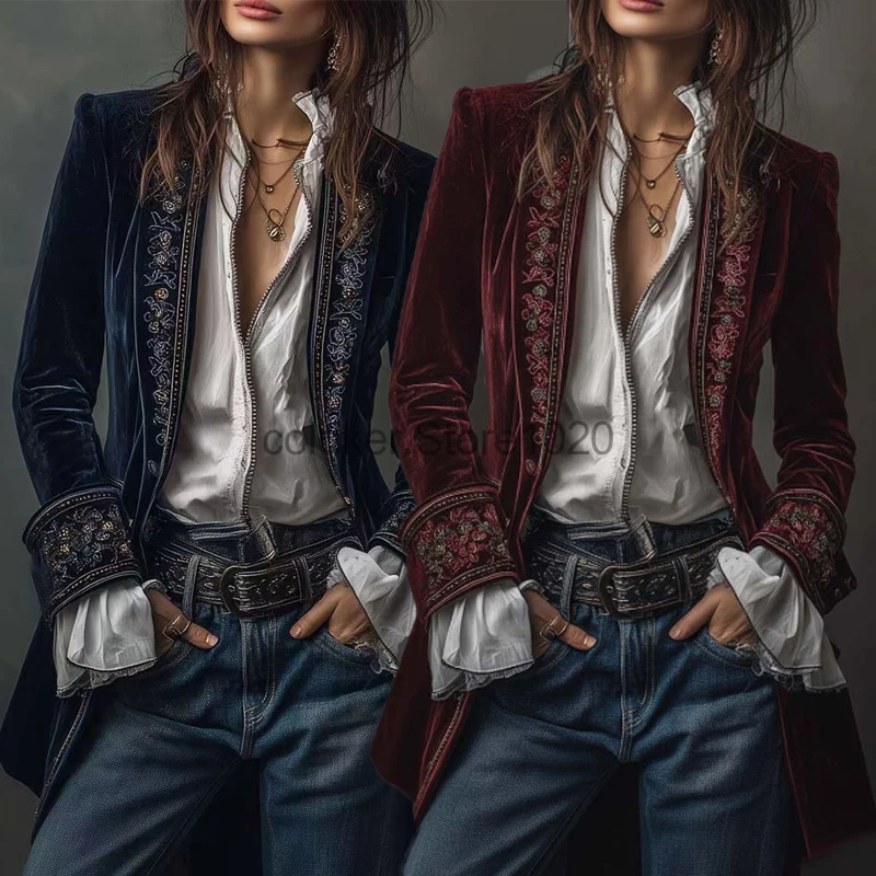 New Women Vintage Luxury Velvet Blazer Elegant Embroidery Decoration Long Sleeve Patchwork Coat Spring Autume Gothic Jacket