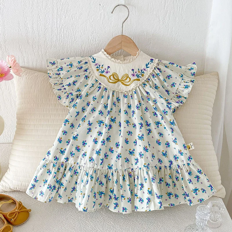 

2025 New Summer 1-6Yrs Baby Girl Party Dress Flying Sleeve Cotton Printed Embroidery Kids Princess Dresses Children Clothes