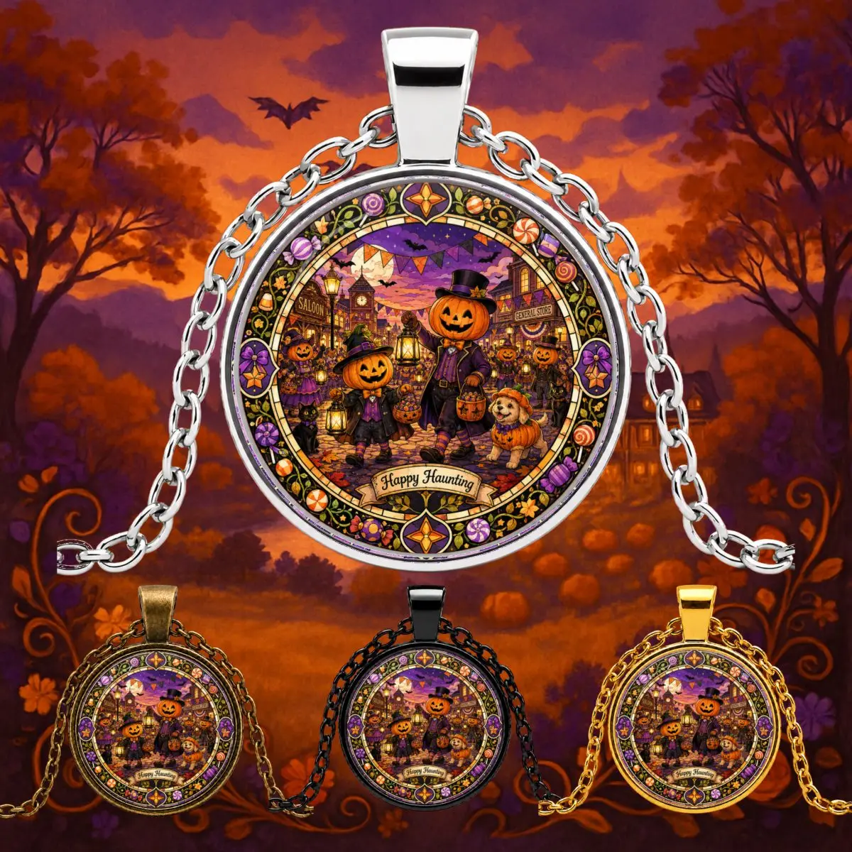 1PC Zinc Alloy Pendant Necklace Round Halloween Pumpkin Night Scene Insert, Vintage Orange Purple Festive Charm Jewelry Gift, Also Available As Accessory For Party Outfit Key Chain