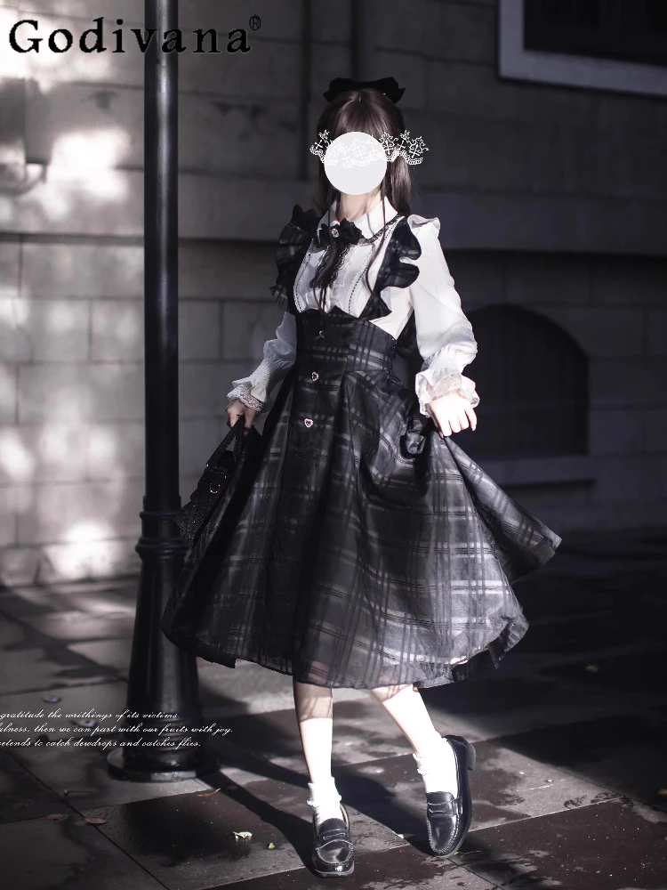 

Japanese Mine Mass-Produced Plaid Skirt Set Autumn College Style Sweet Elegant Lolita Long Sleeve Shirt Long Skirt 2-Piece Set