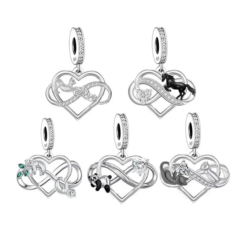 

Fit Original Pan Charm Bracelet 925 Silver Heart Infinity Love Panda Black Cat Horse Sloth Bead For Making Women Berloque DIY