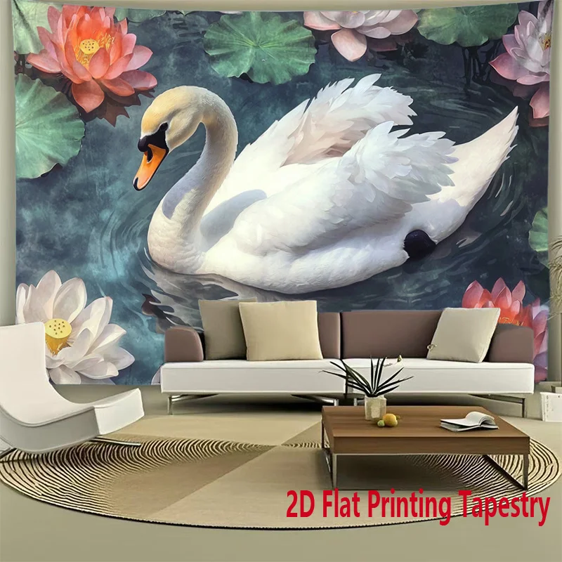 Elegant Swan and Lotus Floral Nature Tapestry Mural Large Wall Decor Art Print Watercolor Background for Living Room Bedroom