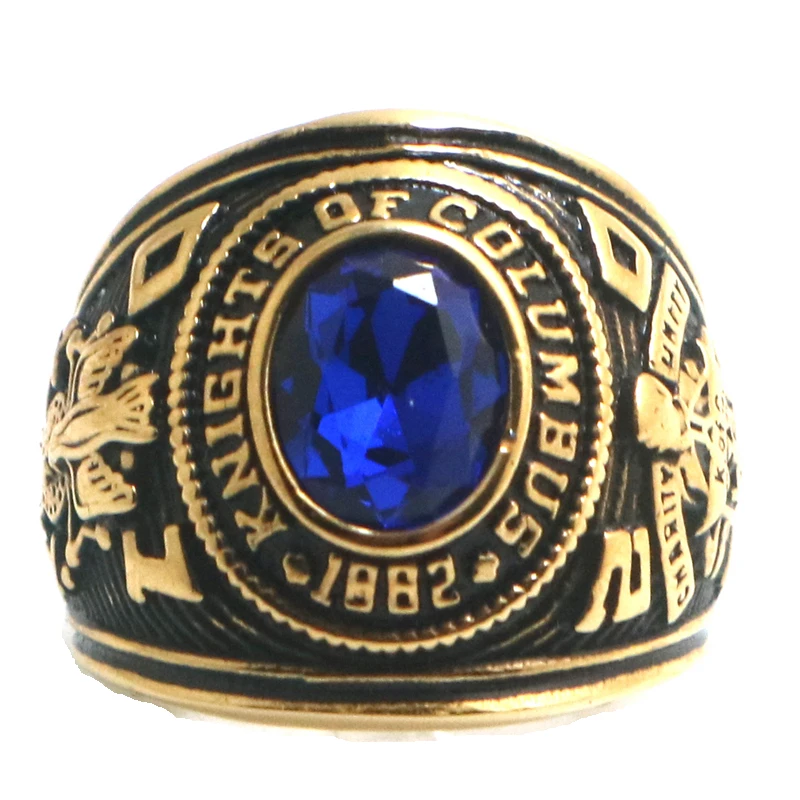 Unisex 316L Stainless Steel Rend Knights of Columbus Christianity Catholicism Blue Stone Gold-Color Ring Since 1882