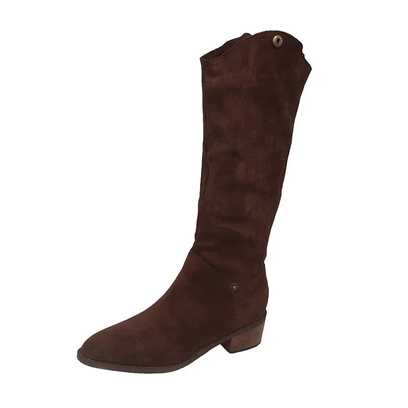 Western Cowboy V-Notch Adult Women's Shoes PU Leather Cotton Lined Mid-Calf Boot Two-Way Wear Faux Suede Long Riding Boots