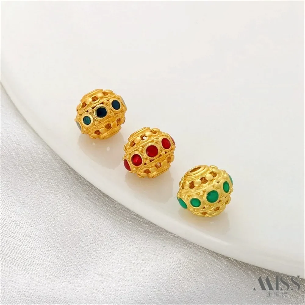 

18K Gold Bag Color Matte Gold with Precious Stones Dragonfly Eye Hollow Bead Transfer Bead DIY Bracelet Jewelry Accessories