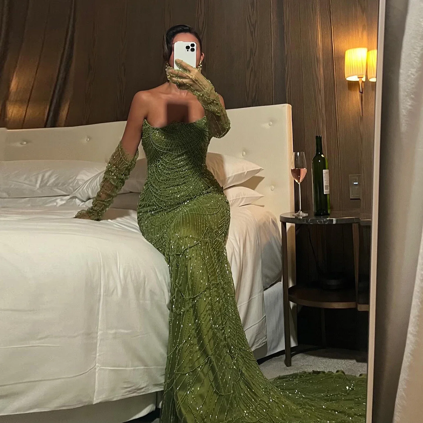 vestidos de fiesta Luxury Dubai Mermaid Green Evening Dresses with Gloves 2024 Elegant Saudi Arabia Women Wedding Party Gowns