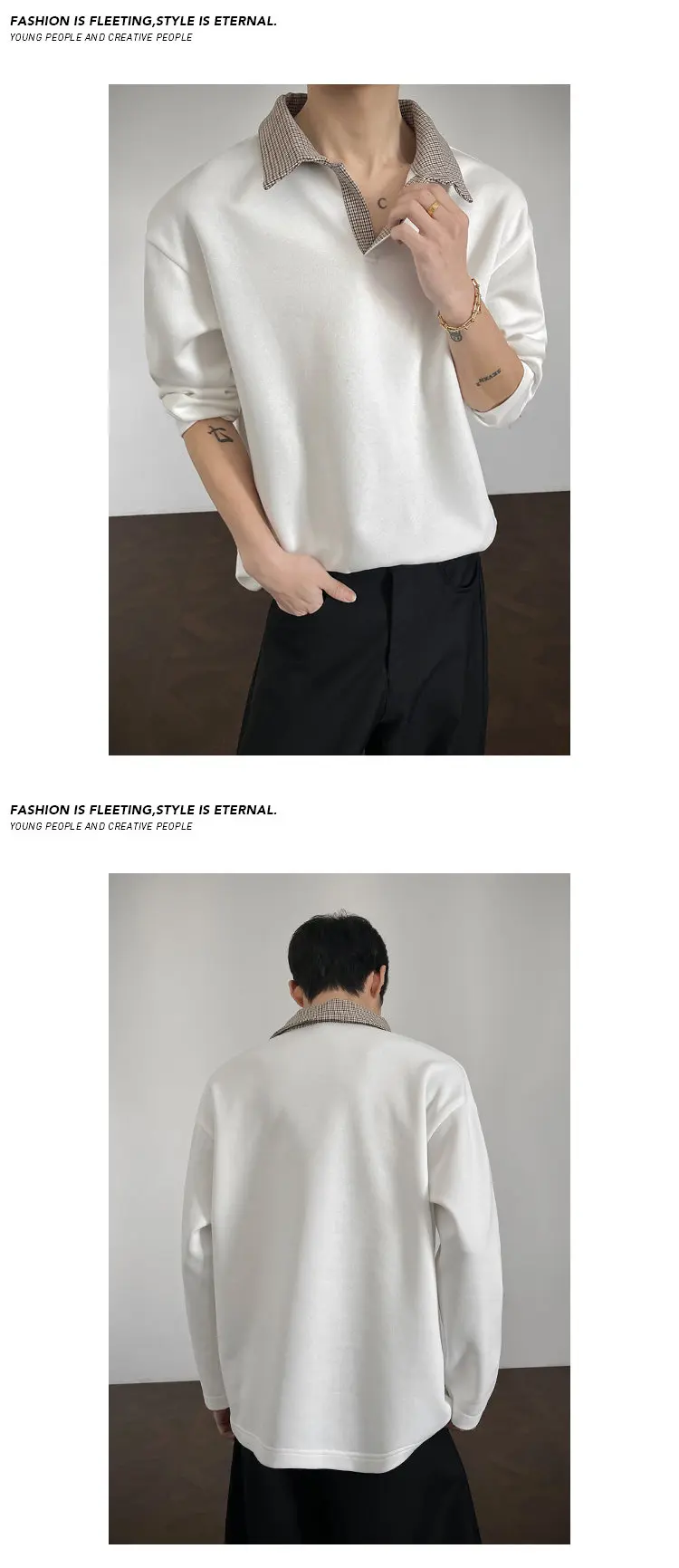Herren-Poloshirt für den Herbst mit gespleißtem Karokragen, langen Ärmeln, aus weichem Strickstoff, entspannter Silhouette für Outdoor-Reisen. – Detail 15