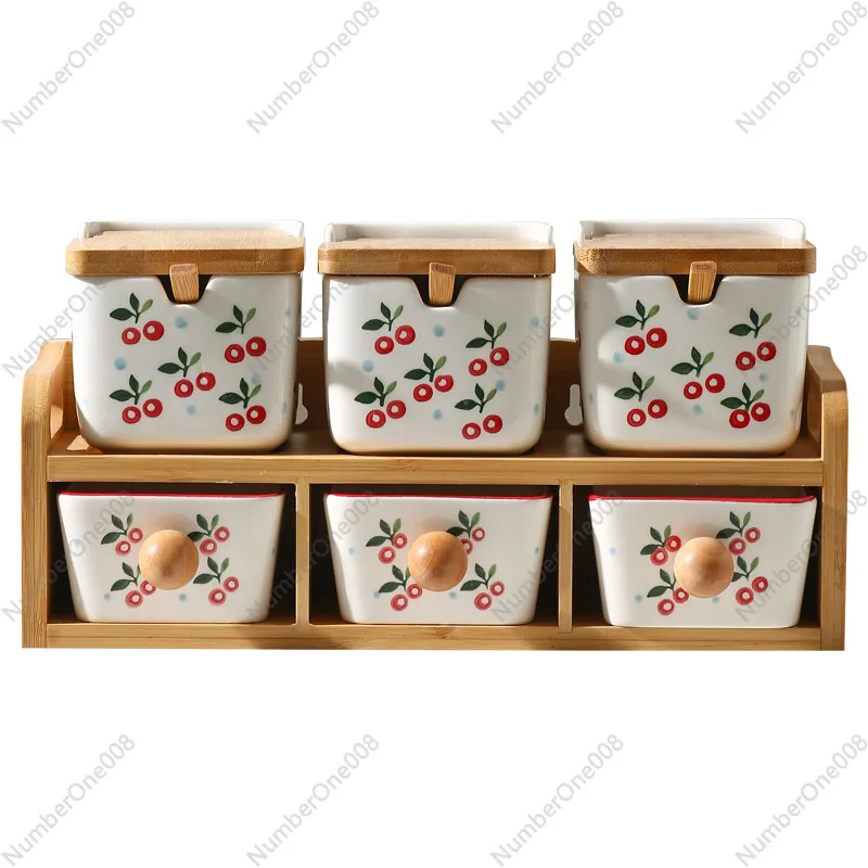 Juego de caja de condimentos de cereza de doble capa, juego de tarros de especias para cocina casera para almacenamiento de sal y glutamato monosódico