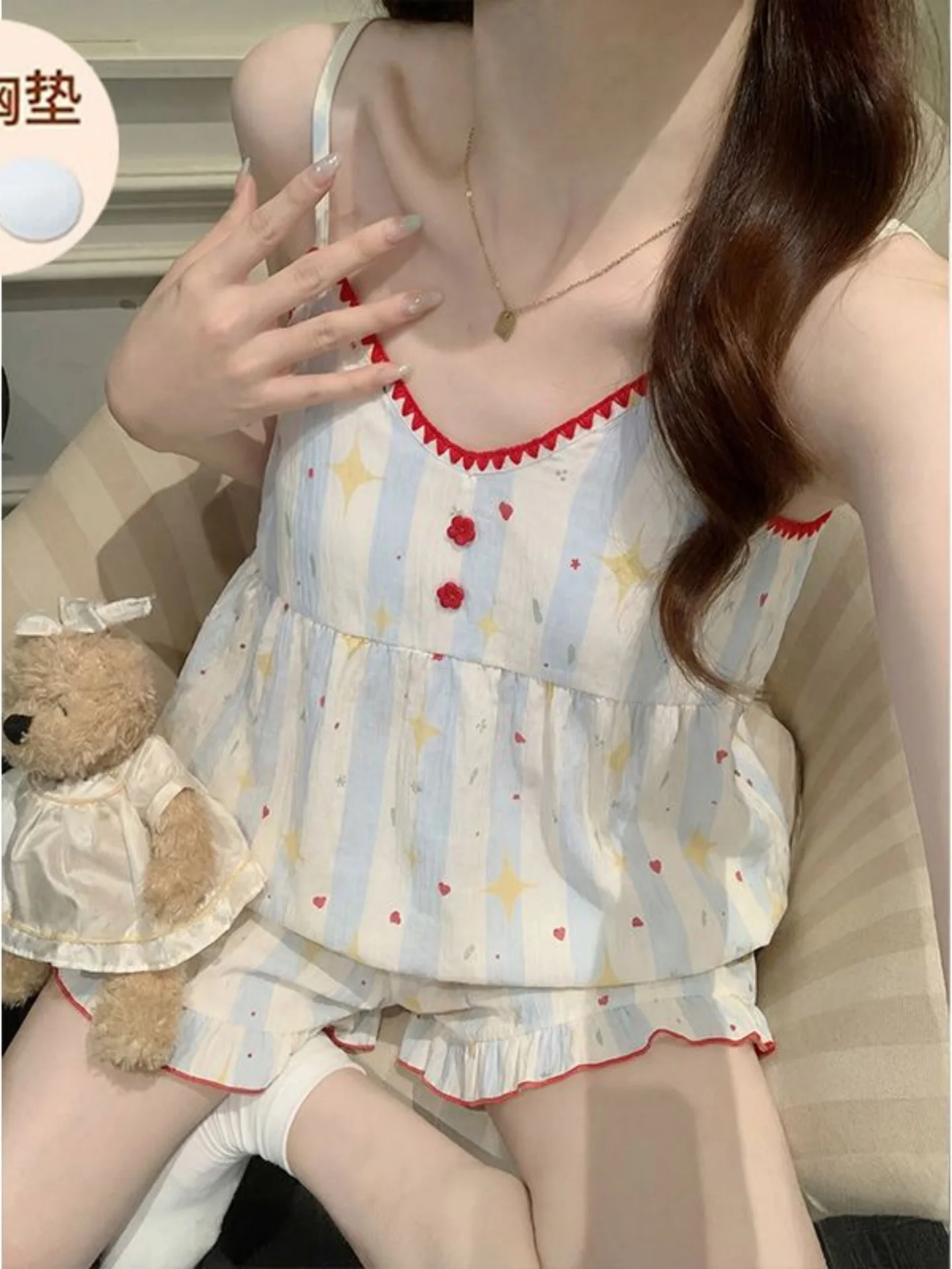 gpjp-pure-desire-summer-girl's-strap-sleepwear-set-di-abiti-da-casa-a-maniche-corte-con-scollo-a-v-a-righe-colorate-indossabili-anche-all'aperto