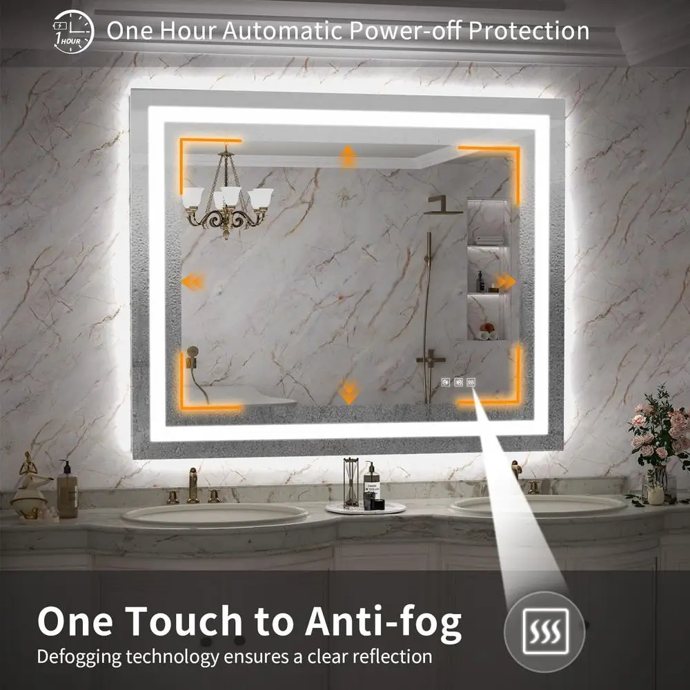 مرآة زينة للحمام بإضاءة خلفية LED مقاس 44 × 36 بوصة مع 3 أضواء ملونة، مقاومة للكسر، مضادة للضباب، ذاكرة سطوع