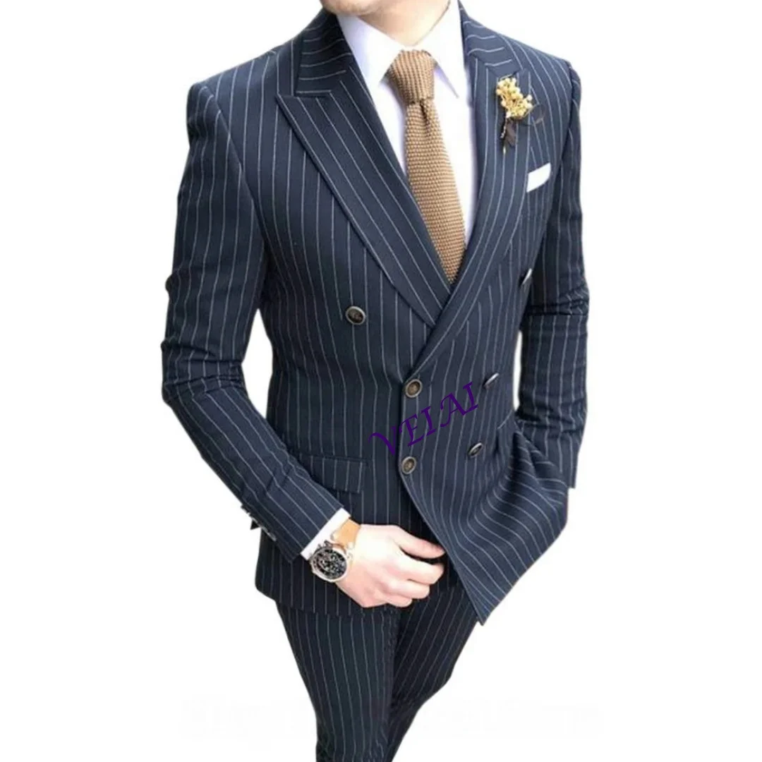 

2 Pieces Luxury Men's Striped Wedding CasualTuxedo Men's British Slim Suit Men's Quality Business Social Club Suit Costume Homme