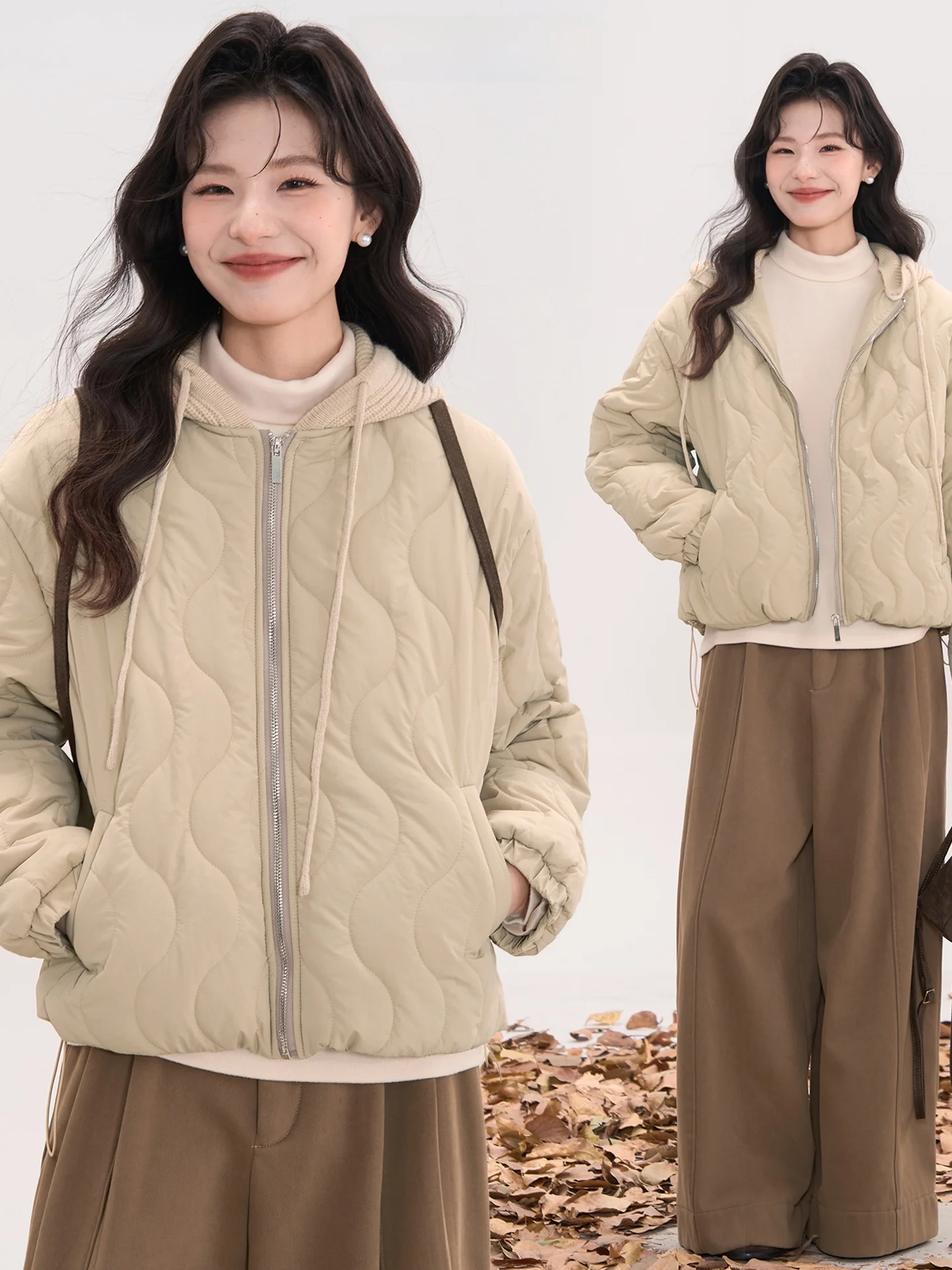 

Зимняя хлопковая куртка Heme для женщин с вязаной вставкой, плотным пенополиуретановым узором в виде волнистых пузырьков, свободного кроя, на молнии