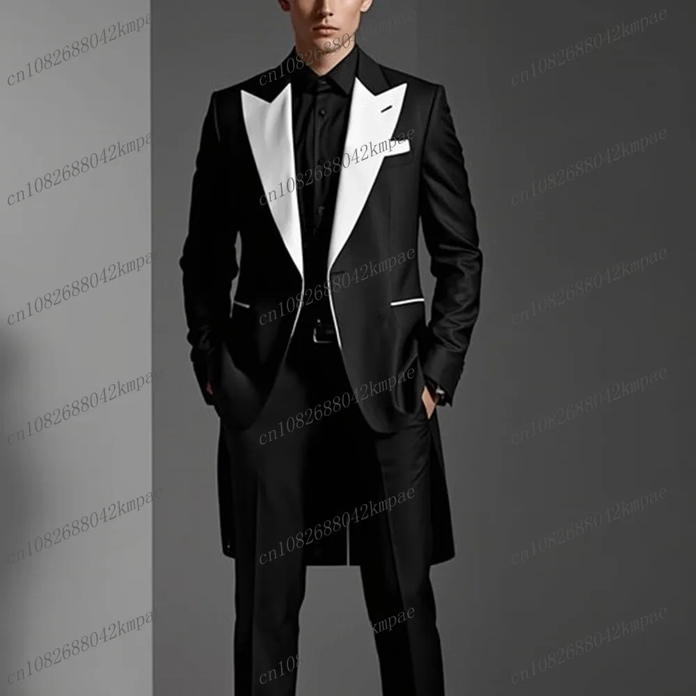 

Long Blazer White Collar Black Formal Men Suit Wedding Party Groom Groomsman Prom Business Male Tuxedos 2 Piece Set Jacket Pants