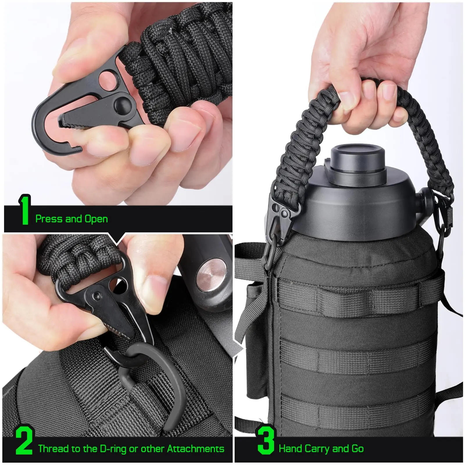 Ersatz-Paracord-Griff für Taktische Taschen, Langlebiger Gewebter Trageriemen mit Metallhaken, Universeller Molle-Rucksack-Wasserflaschenhalter – Detail 5