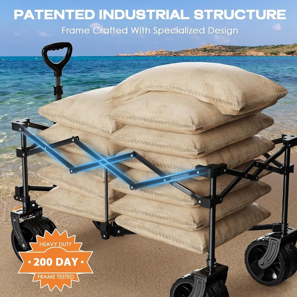 Carrinho de vagão dobrável resistente com rodas grandes, bolso lateral e freios para atividades de praia de acampamento ao ar livre