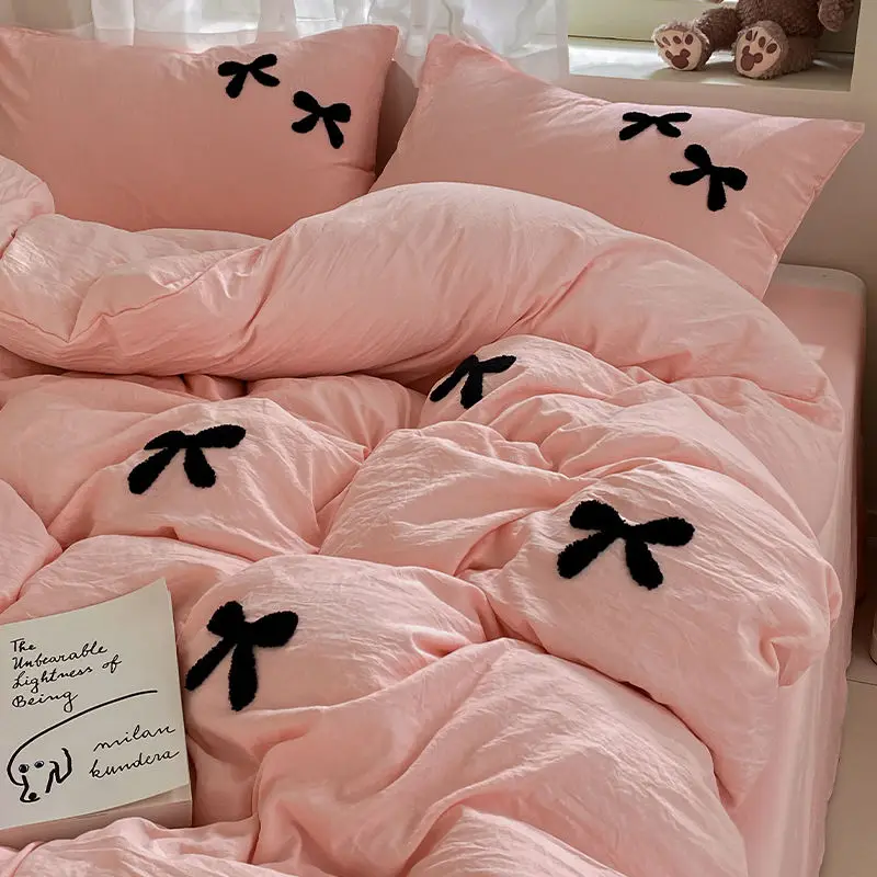 

Princess Bowknot Bedding Set Pink Duvet Cover Bed Flat Sheet Girls Solid Color Bed Linens Washed Cotton Bedclothes Decor Home