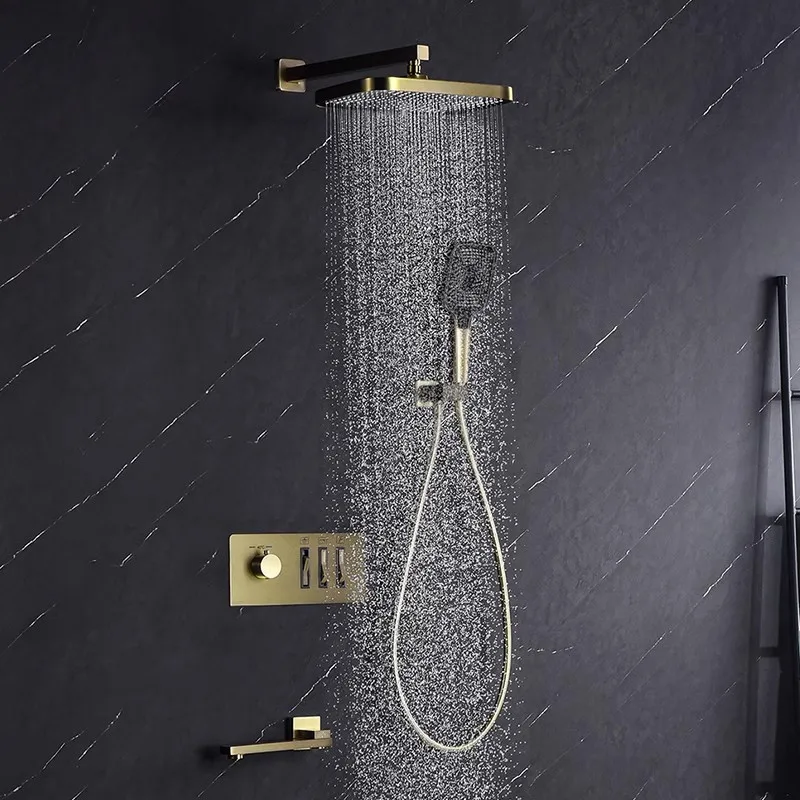 

Brushed Gold Thermostatic Bathroom Shower Faucet In Wall Bath and Shower Faucet Set Gray Bathroom Mixer Bath and Rainfall Shower