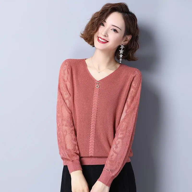 Spring New Thin V Neck Tops Tees Long Sleeve All-match Solid Color Loose Plus Size Elegant T Shirts Fashion Casual Women Clothes