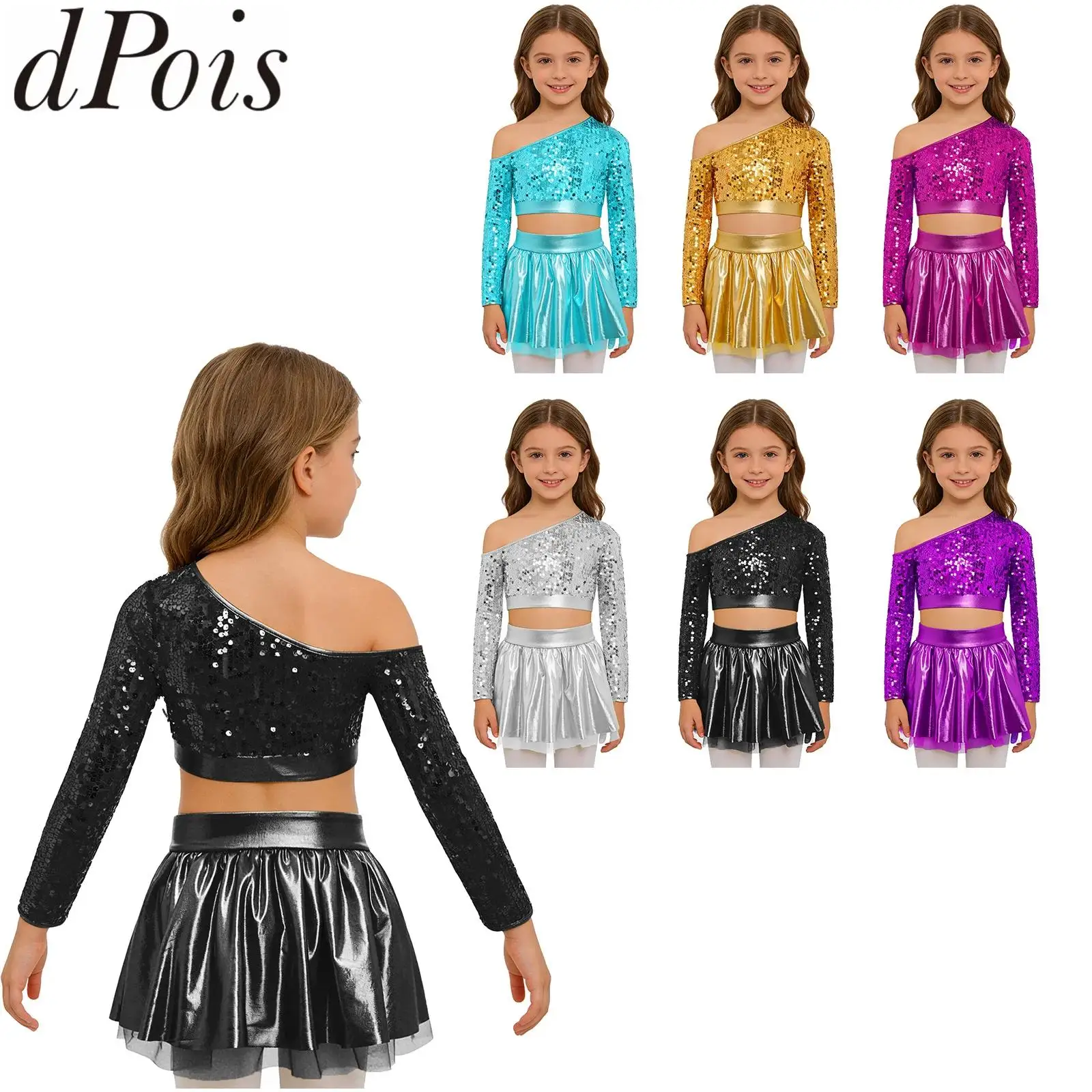 

Kid Girls Jazz Latin Tango Dance Costume Outfit Ballet Modern Dancewear Shiny One Shoulder Long Sleeve Sequin Top And Tutu Skirt