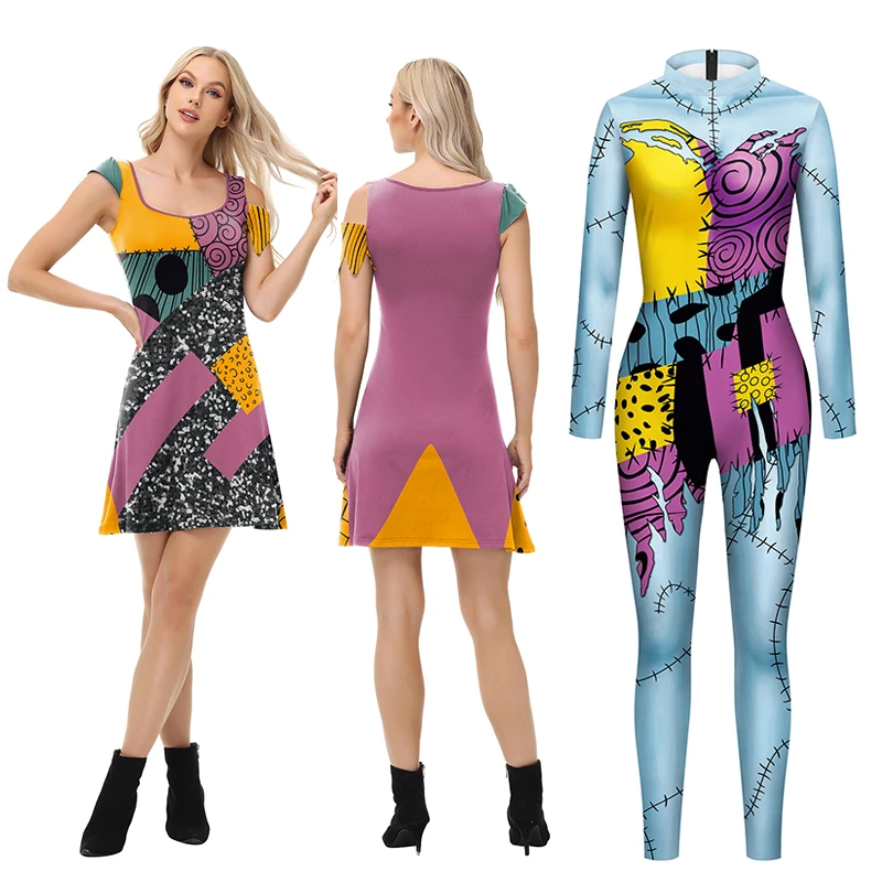

Party Adult Woman Disguise Sally Dress Leggings Cosplay Movie Scary Gothic Jumpsuit Role Play Carnival Halloween Costumes
