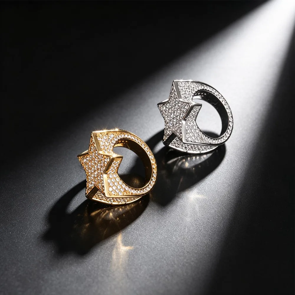 Hip Hop Star Rings for Men Women Diamond Cuban Ring Rapper Party 18K Gold Plated Fine Jewelry Gifts for Men Gilrs Boys Friends