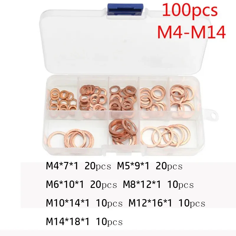 100/200pcs Copper Washer Gasket Nut Bolt Set Flat Ring Seal Assortment Kit With Box M4-M14 For Sump Plugs Red Copper Material