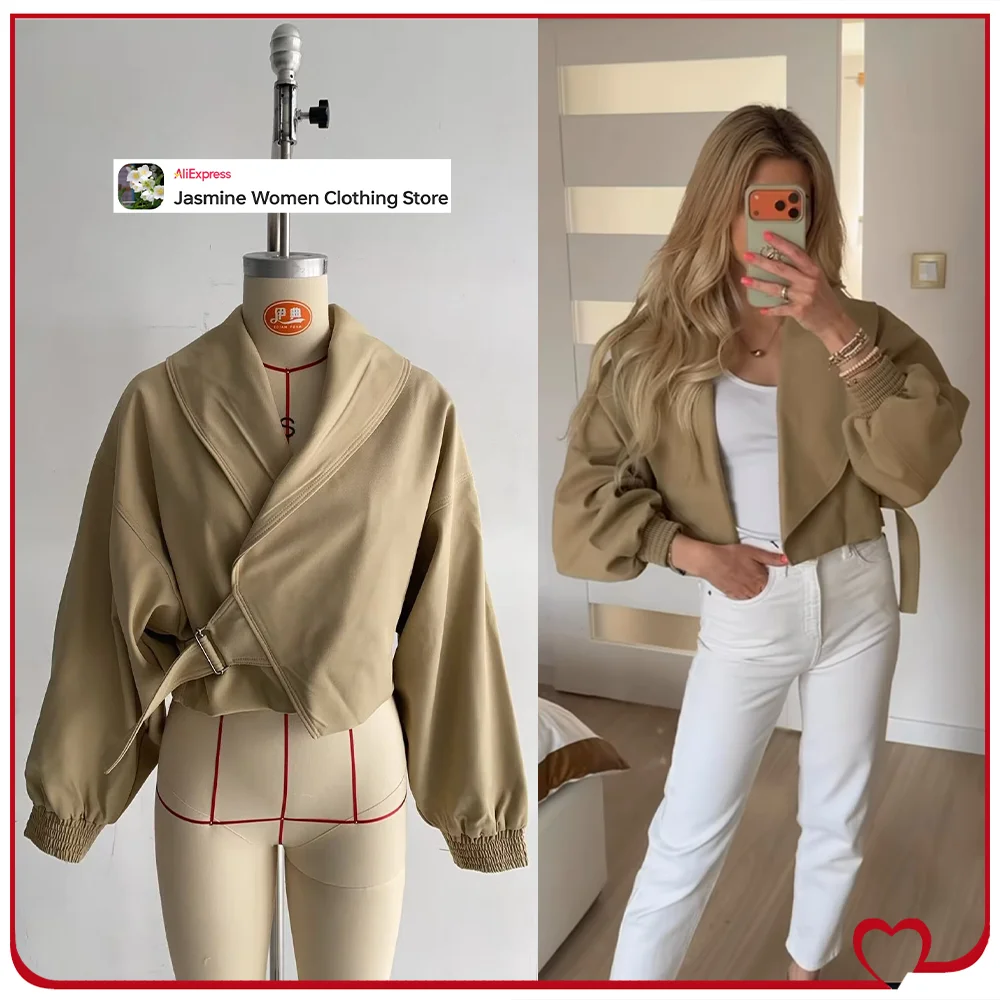 

Elegant Chic Women Cropped Jackets with Tonal Topstitching New in Lapel Collar Outwear with Metal Buckle Adjustable Side Closure