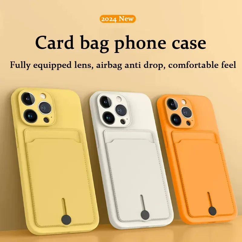 Fashion Push Card Bag Slot Holder Wallet Case For iPhone 11 12 13 14 15 16 Pro Max 16 Plus Shockproof Soft Matte Silicone Cover