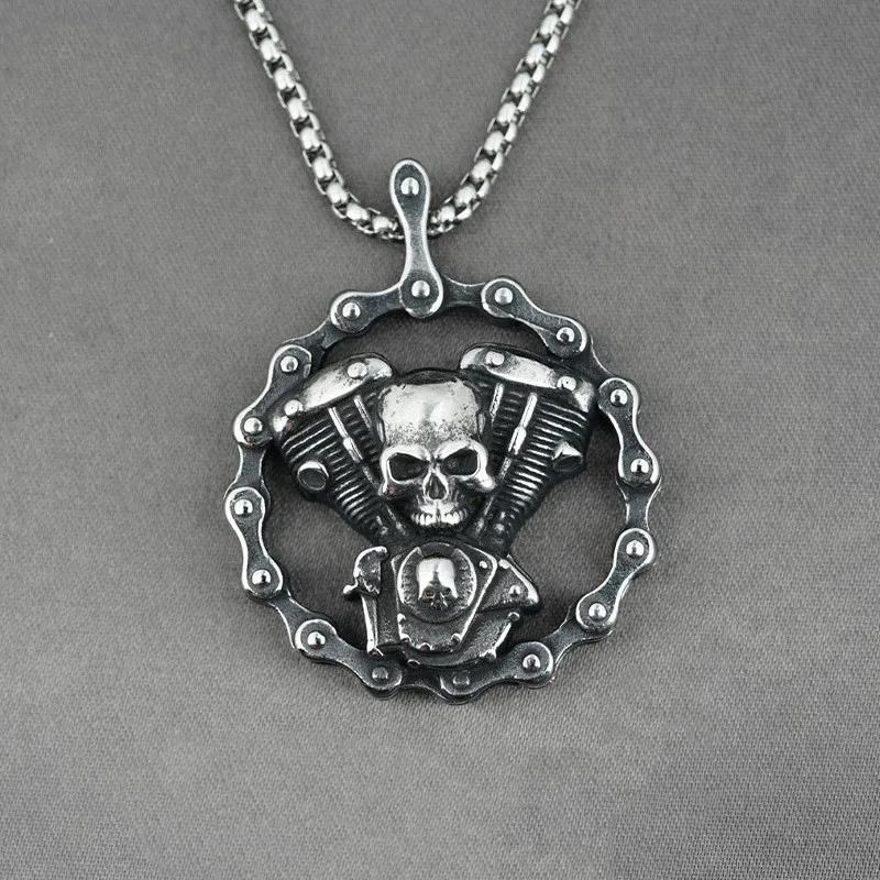 Retro Punk Wind Mechanical Chain Engine Skull Disc Pendant Necklace Men\\\'s Hip Hop Gothic Motorcycle Jewelry Wholesale