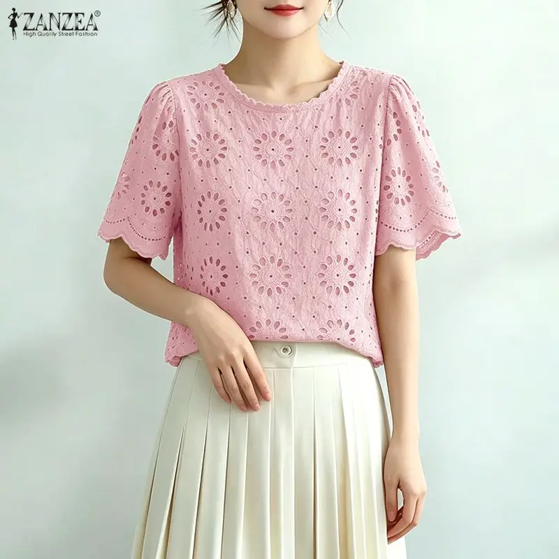 

ZANZEA Summer Lace Patchwork Hollow Out Blouse Women Bohemain Holiday Shirt O Neck Short Sleeve Blusas Elegant Work Tops 2026