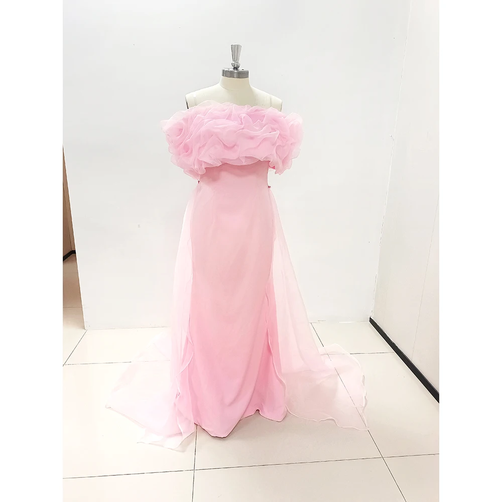 Luxury Pink Shiny Women Formal Evening Dress Flowers Off Shoulder Floor Length Sleeveless Trumpet فساتين سهرة Robes De Soirée