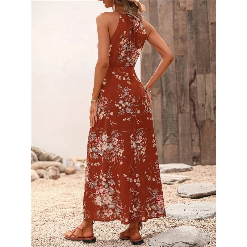 ASDS-여성 홀터넥 프린트 스플릿 롱 드레스 여름 민소매 Boho A 라인 드레스