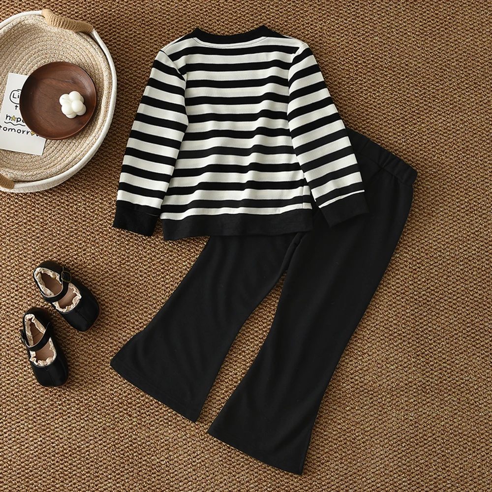 الخريف الاطفال ملابس كاجوال مخطط طباعة طويلة الأكمام بلوزات مستديرة العنق بلون السراويل 2 قطعة مجموعة 3-7 سنوات الفتيات الزي اليومي #2