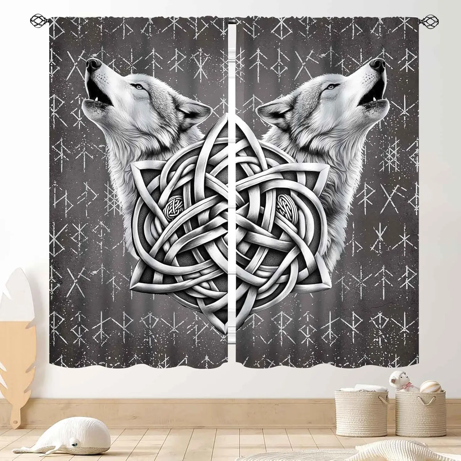 Gothic Viking Wolf Rune Curtains Nordic Mythology Window Drapes Rod Pocket Privacy Curtain For Bedroom Living Room Bathroom