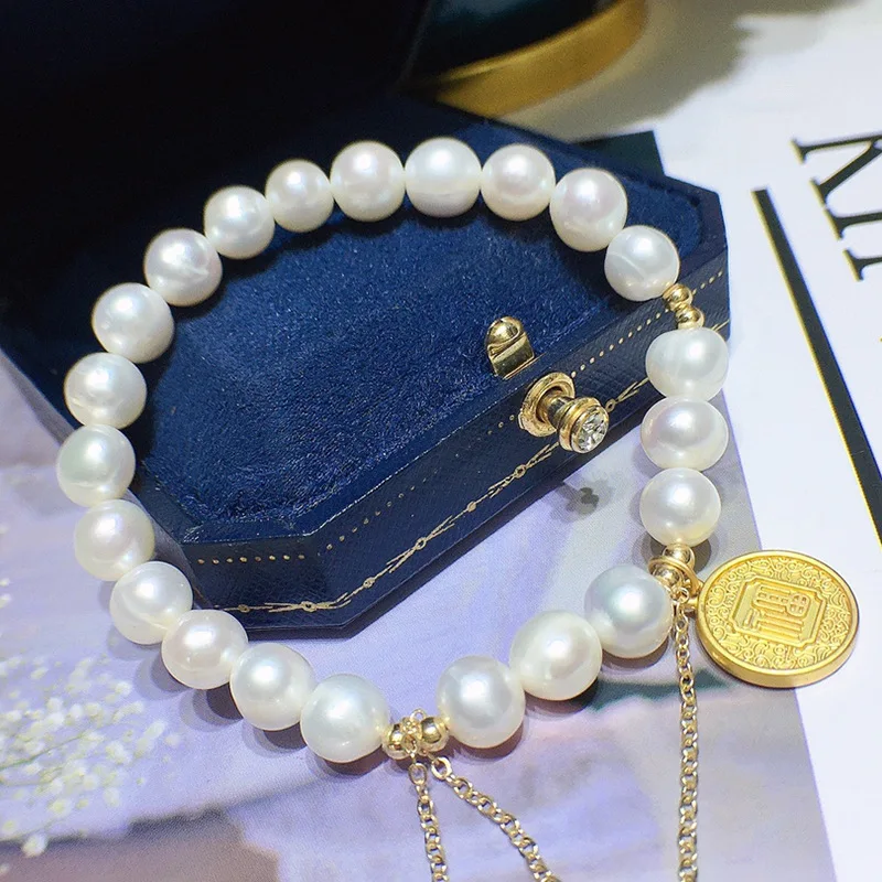 Natural Freshwater Pearl Bracelet for Women Summer Korean Version 8-9mm Niche Design Fashion Simple Elegant Versatile Style 260