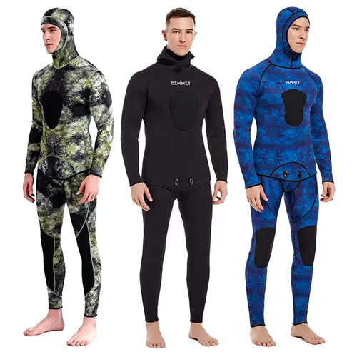 Traje de neopreno de fisión de manga larga para hombre, traje de buceo sumergible de camuflaje de 3mm, Top y pantalones que mantienen el calor, traje de buceo con capucha de dos piezas